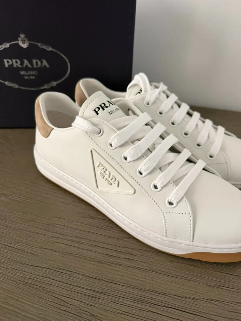 PRADA Calzature Donna Women's White/Tan Sneakers - Size 9 (39) - NEW! - Picture 2 of 14
